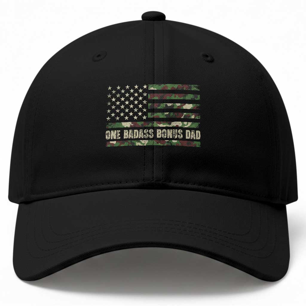 One Badass Bonus Dad Baseball Cap Funny Stepdad Camo American Flag