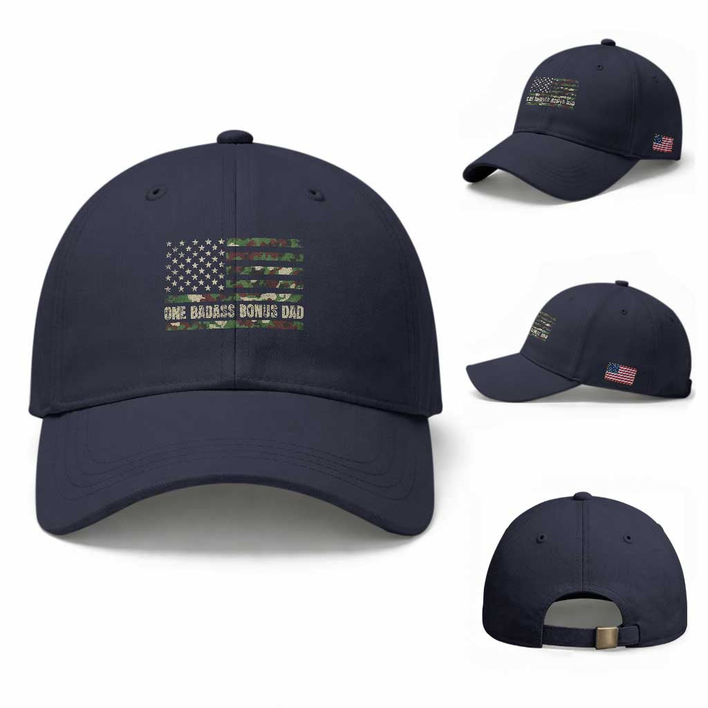 One Badass Bonus Dad Baseball Cap Funny Stepdad Camo American Flag