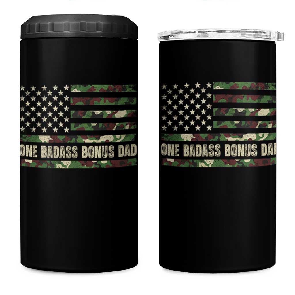 One Badass Bonus Dad 4 in 1 Can Cooler Tumbler Funny Stepdad Camo American Flag
