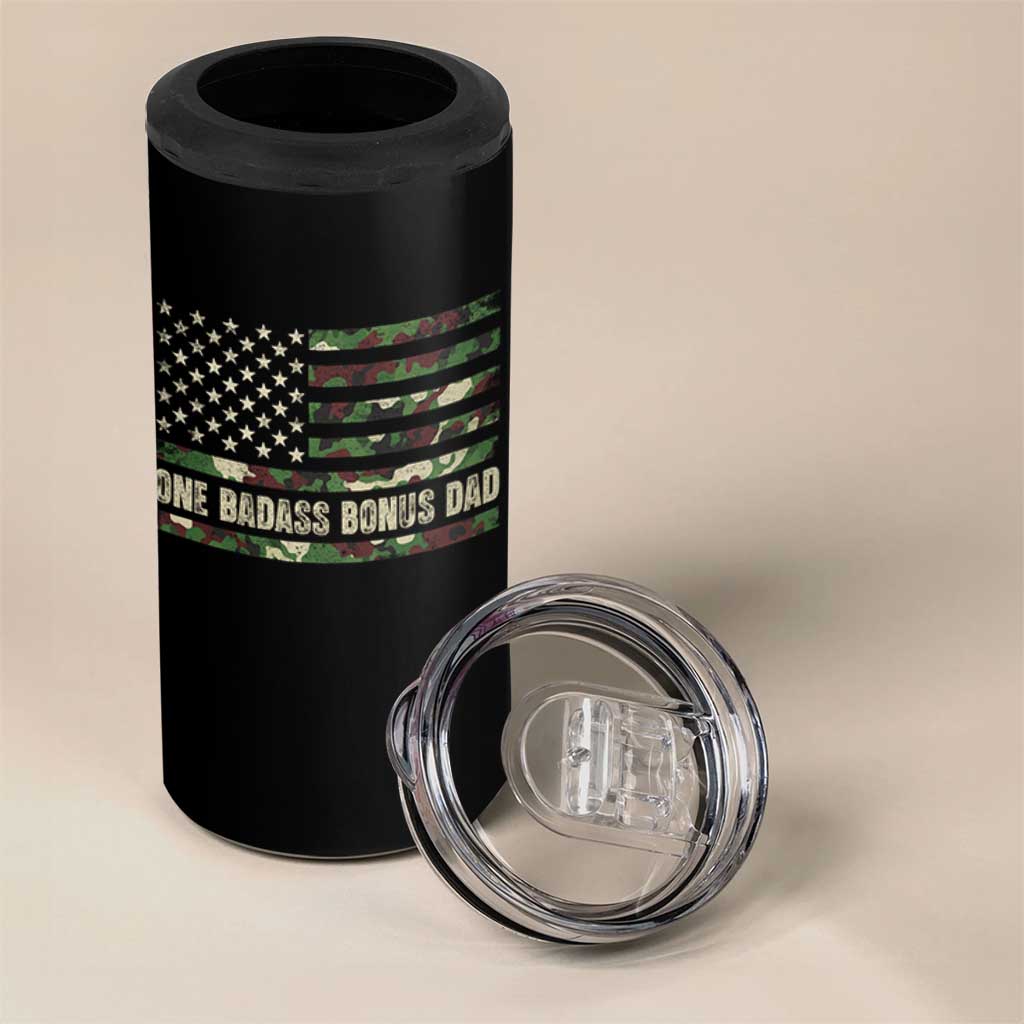 One Badass Bonus Dad 4 in 1 Can Cooler Tumbler Funny Stepdad Camo American Flag
