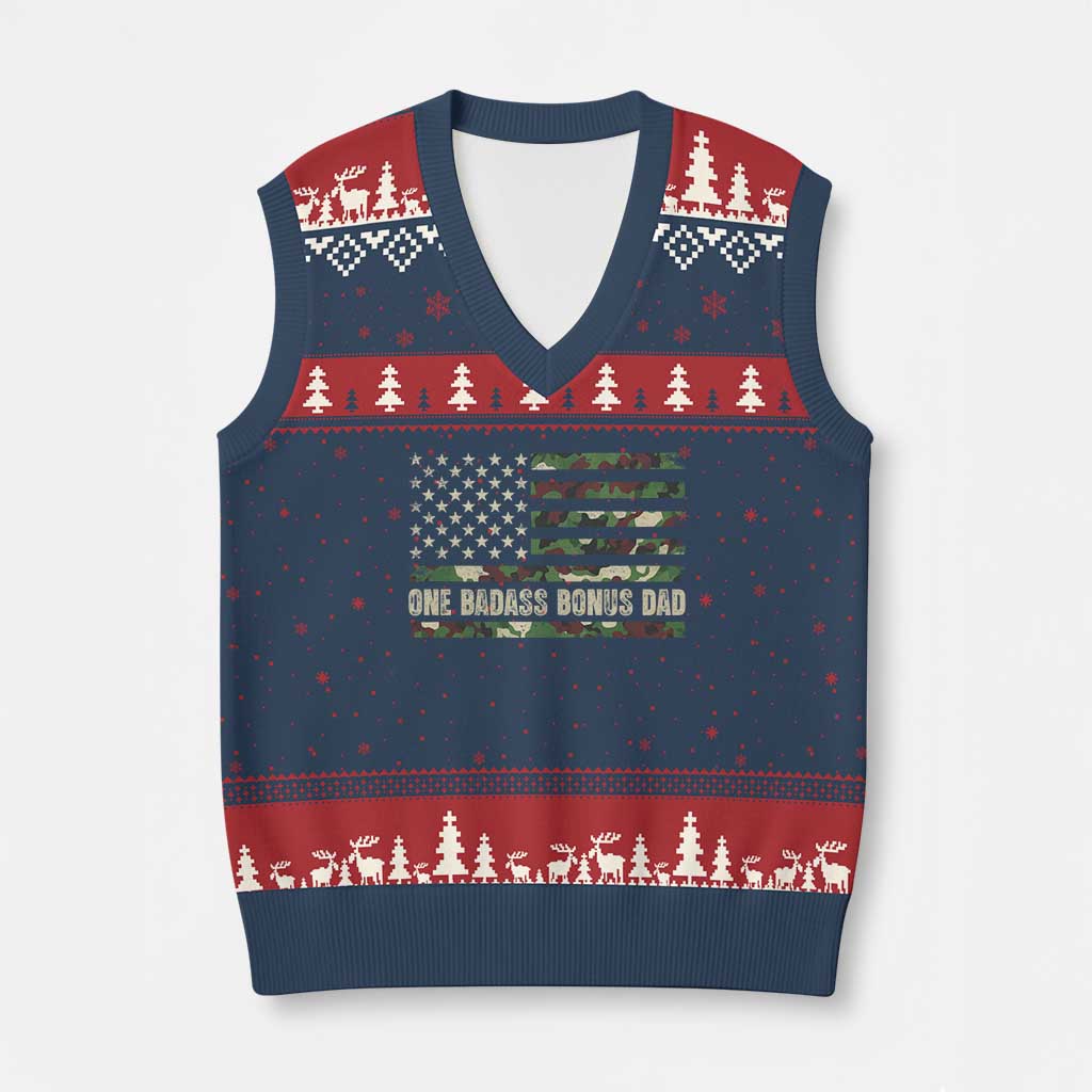 One Badass Bonus Dad V-Neck Knit Sweater Vest Funny Stepdad Camo American Flag