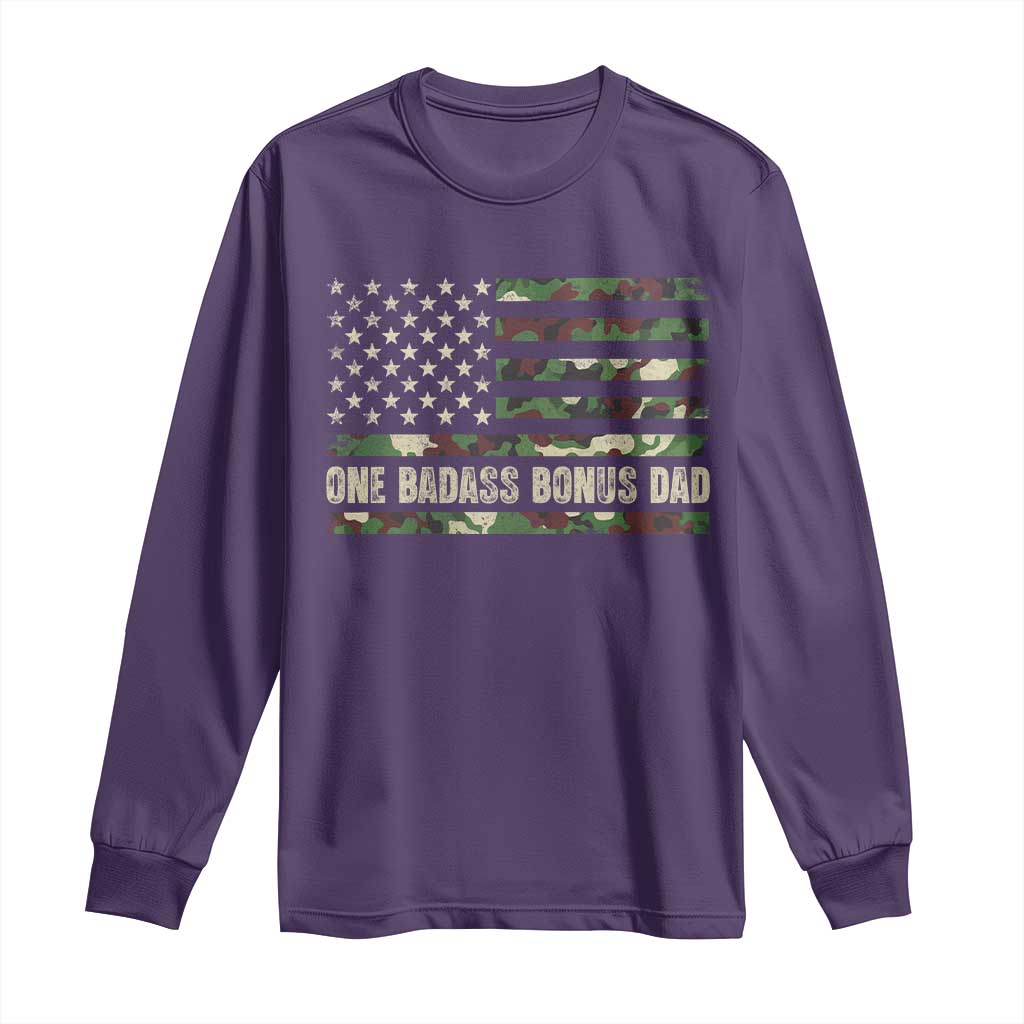 One Badass Bonus Dad Long Sleeve Shirt Funny Stepdad Camo American Flag