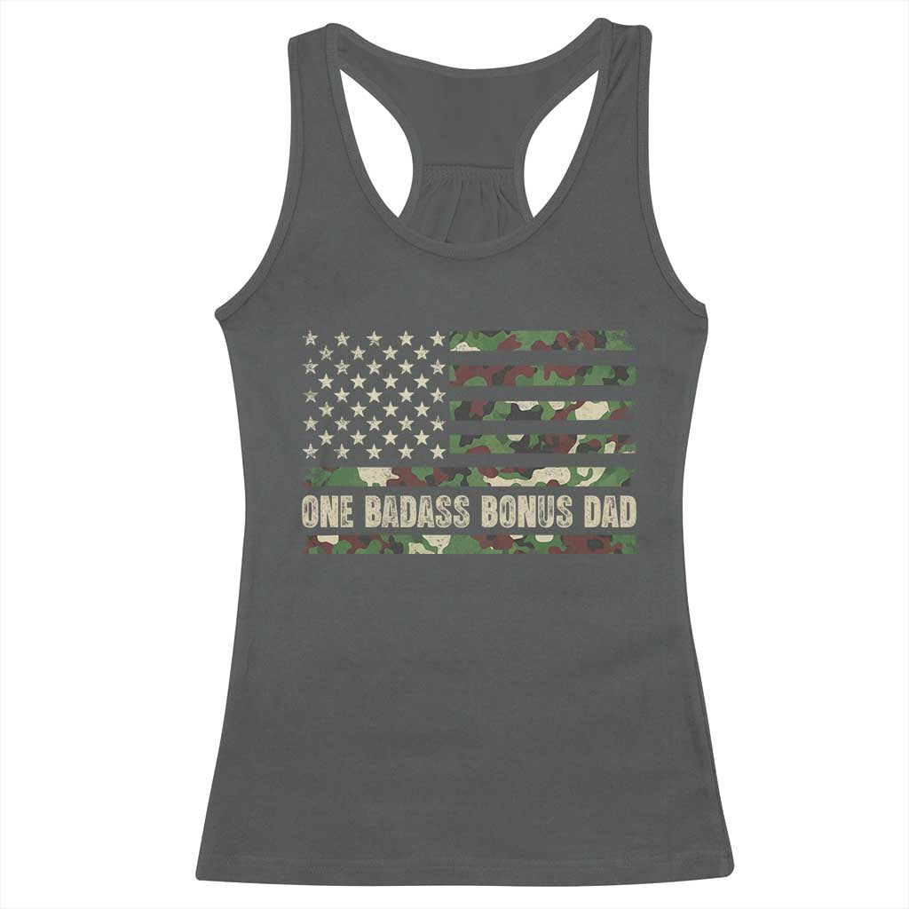 One Badass Bonus Dad Racerback Tank Top Funny Stepdad Camo American Flag
