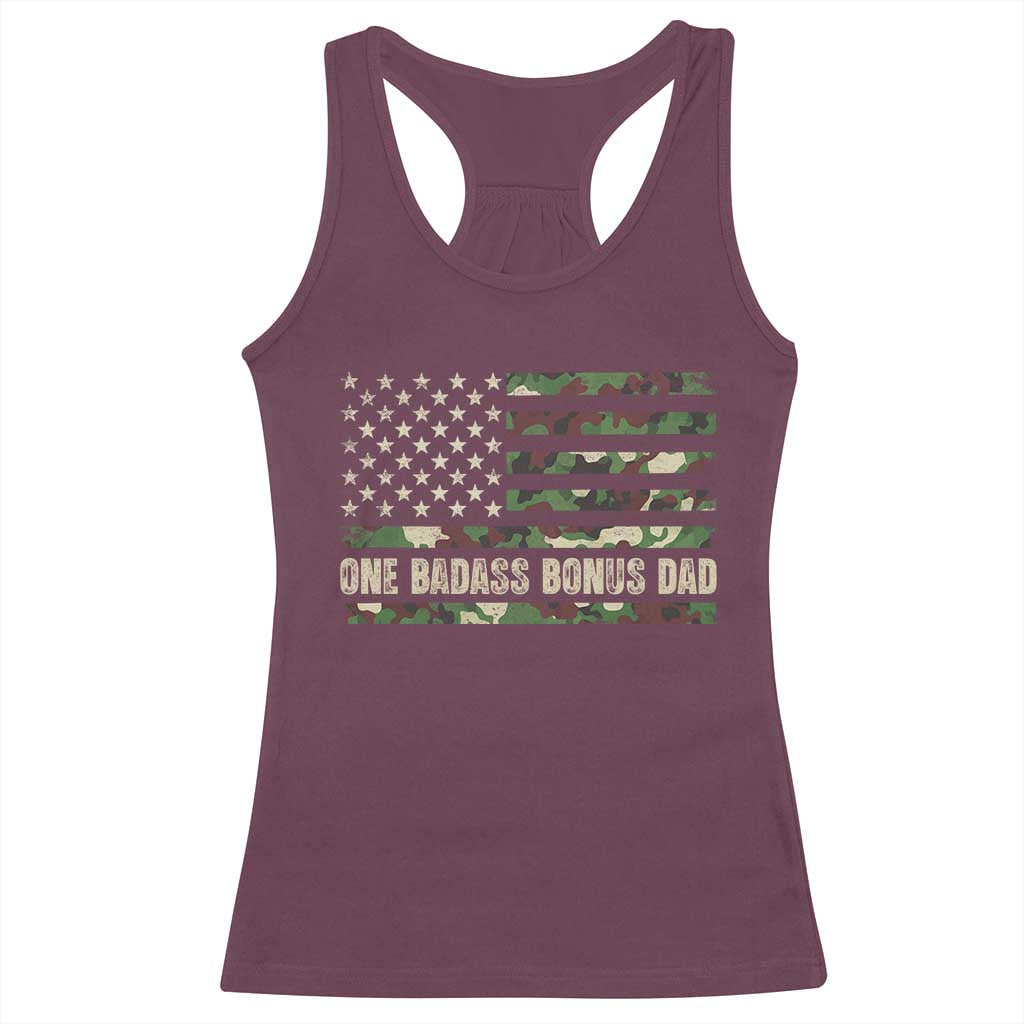One Badass Bonus Dad Racerback Tank Top Funny Stepdad Camo American Flag