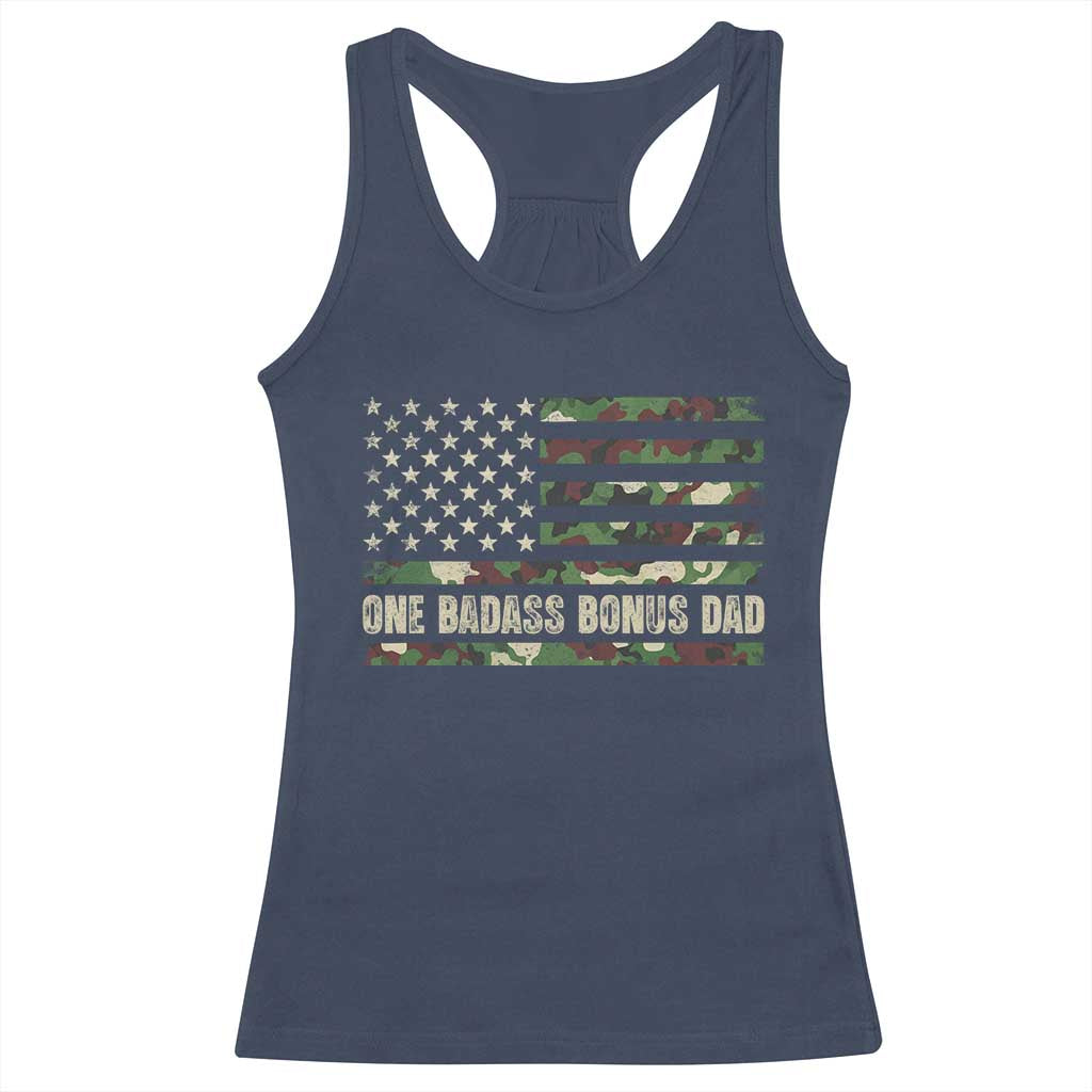 One Badass Bonus Dad Racerback Tank Top Funny Stepdad Camo American Flag