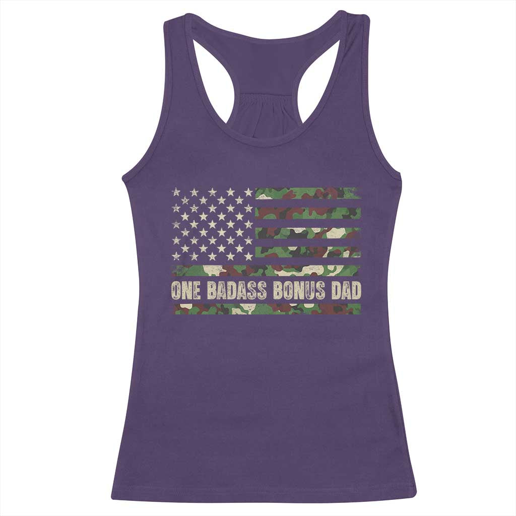 One Badass Bonus Dad Racerback Tank Top Funny Stepdad Camo American Flag