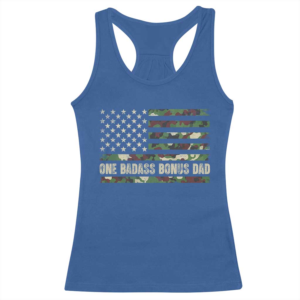 One Badass Bonus Dad Racerback Tank Top Funny Stepdad Camo American Flag