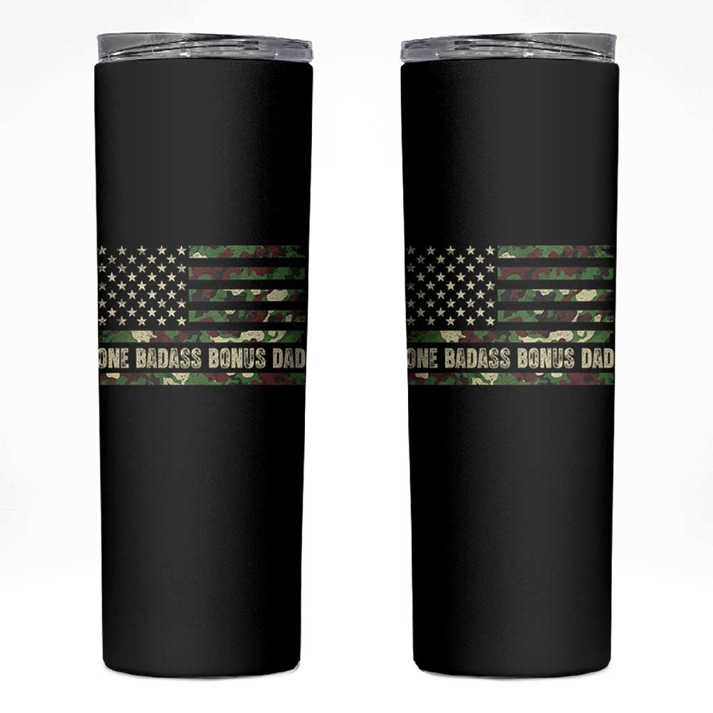 One Badass Bonus Dad Skinny Tumbler Funny Stepdad Camo American Flag
