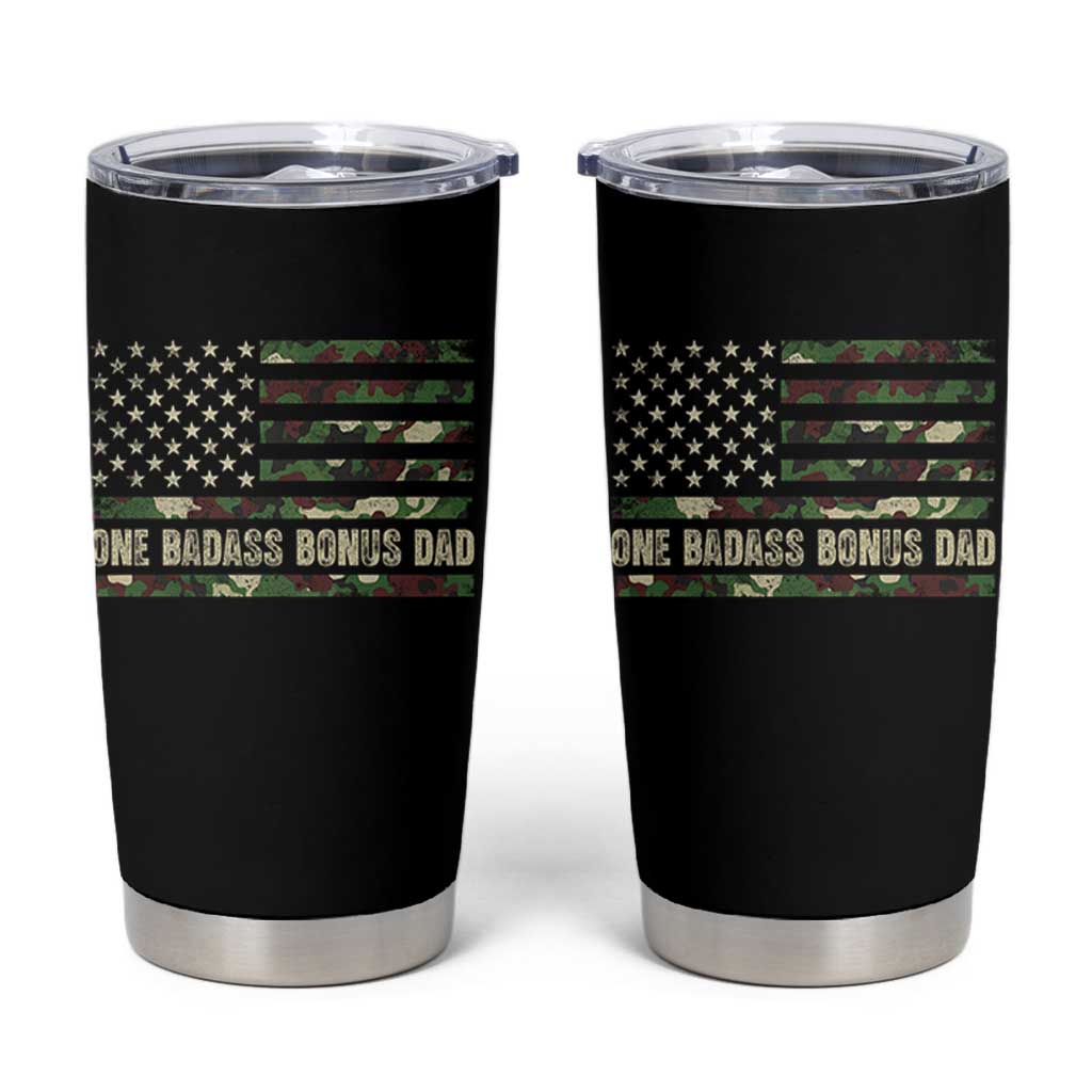 One Badass Bonus Dad Tumbler Cup Funny Stepdad Camo American Flag