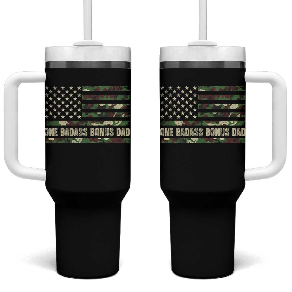 One Badass Bonus Dad Tumbler With Handle Funny Stepdad Camo American Flag