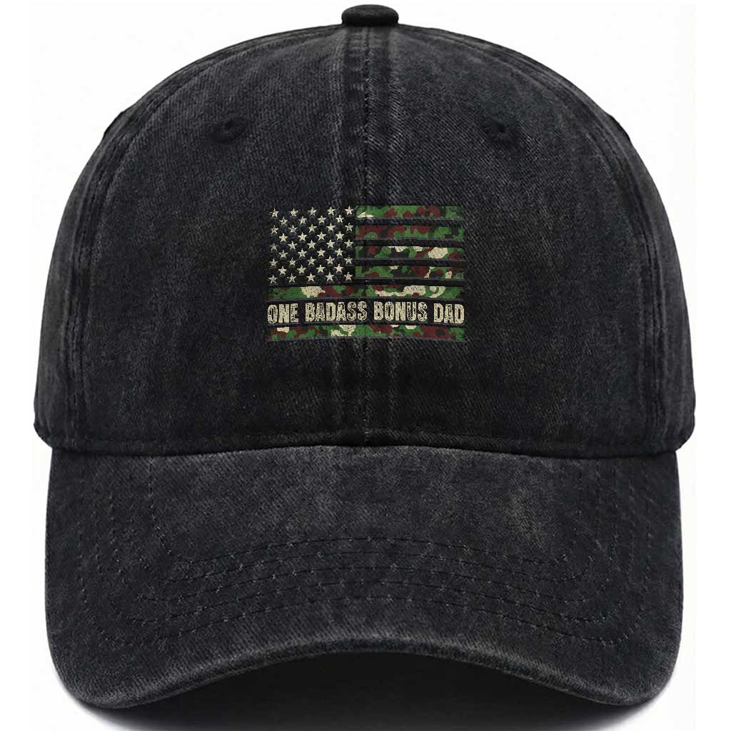One Badass Bonus Dad Washed Cotton Baseball Cap Funny Stepdad Camo American Flag