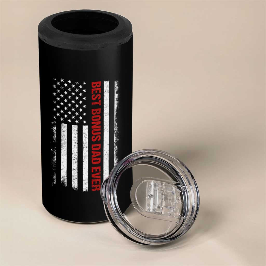 Best Effin Bonus Dad Ever 4 in 1 Can Cooler Tumbler Funny Stepdad American Flag