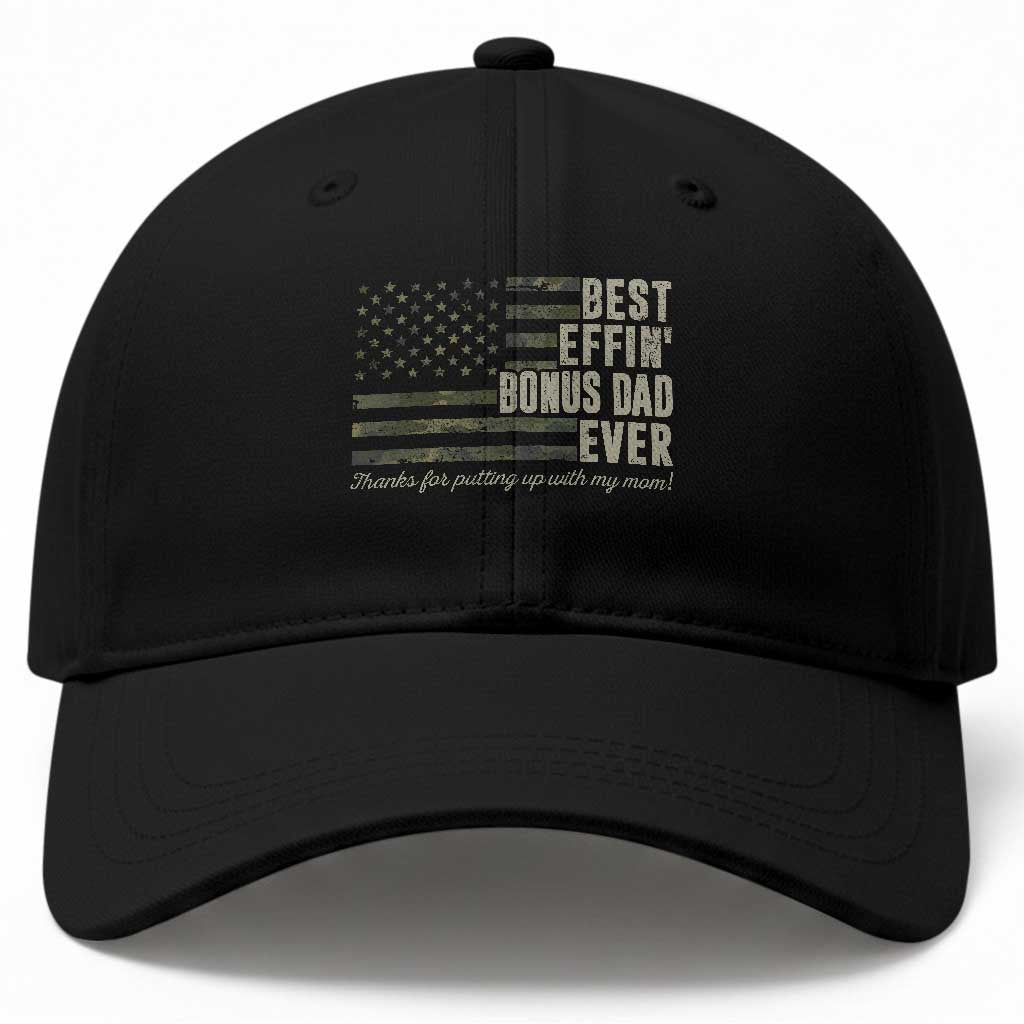 Best Effin’ Bonus Dad Ever Baseball Cap Step Dad Camo American Flag Camouflage