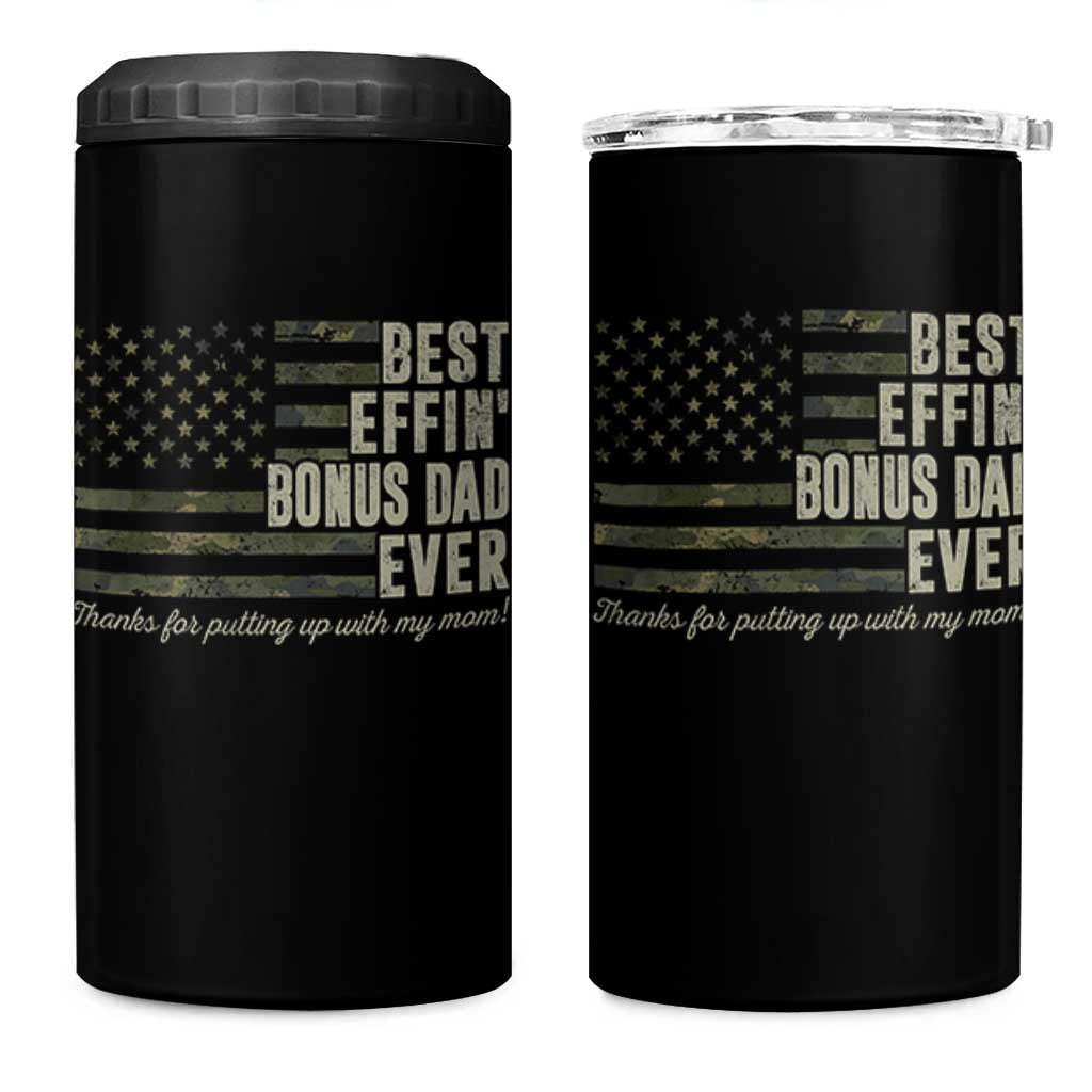 Best Effin’ Bonus Dad Ever 4 in 1 Can Cooler Tumbler Step Dad Camo American Flag Camouflage