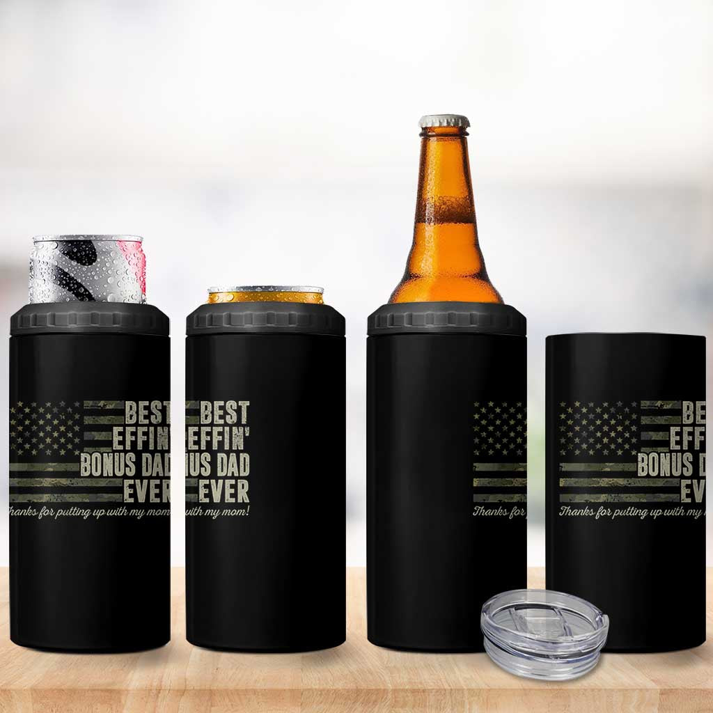 Best Effin’ Bonus Dad Ever 4 in 1 Can Cooler Tumbler Step Dad Camo American Flag Camouflage