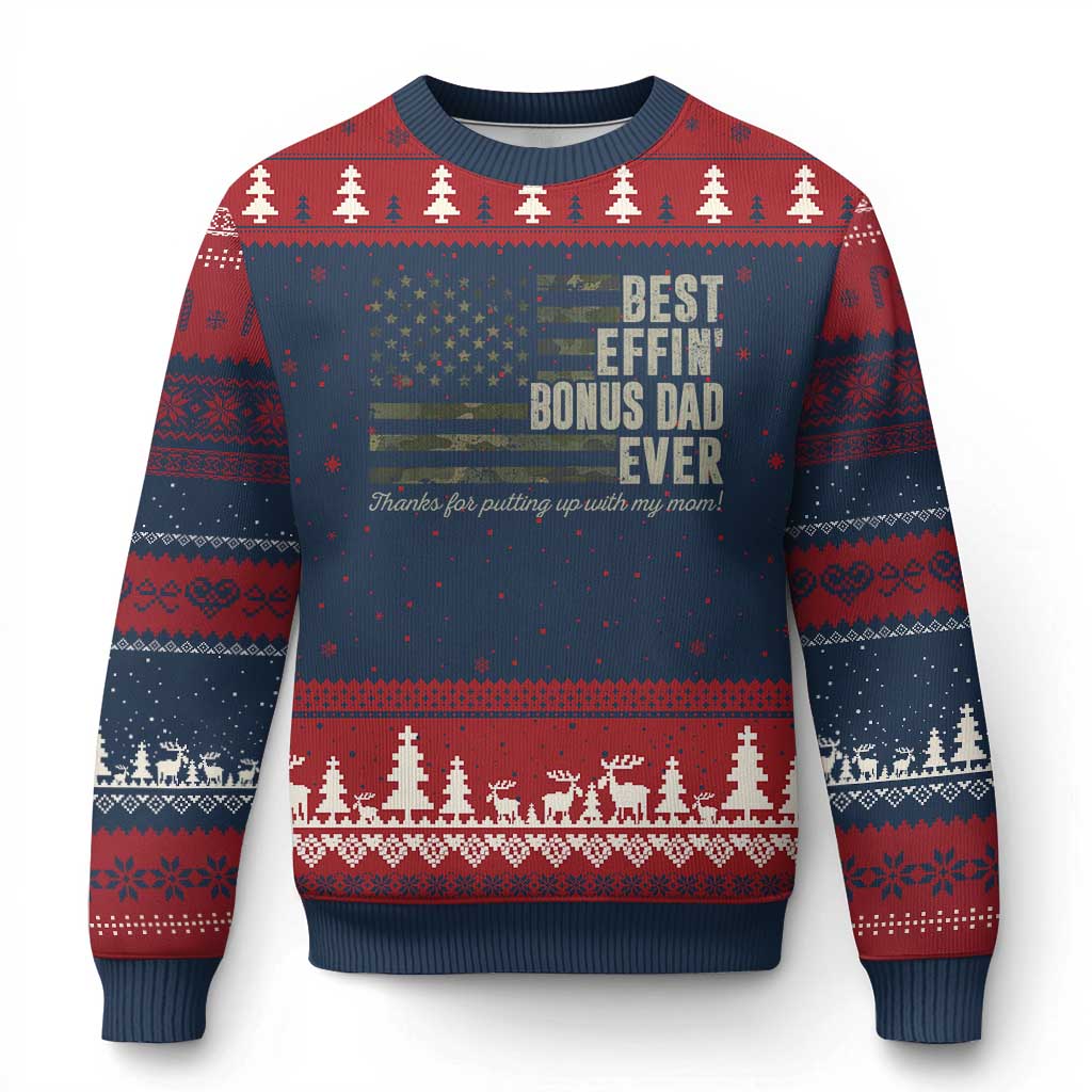Best Effin’ Bonus Dad Ever Ugly Christmas Sweater Step Dad Camo American Flag Camouflage