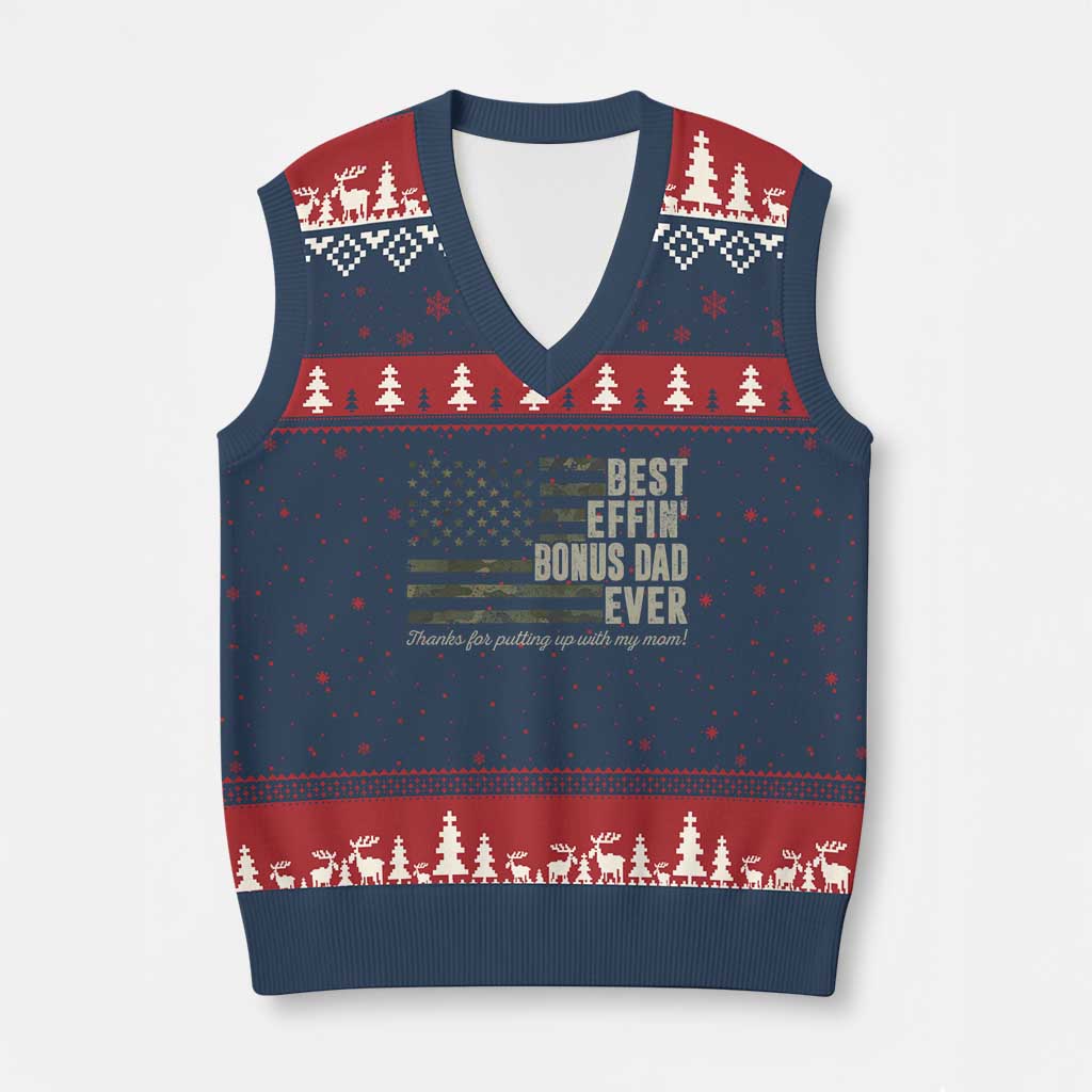 Best Effin’ Bonus Dad Ever V-Neck Knit Sweater Vest Step Dad Camo American Flag Camouflage
