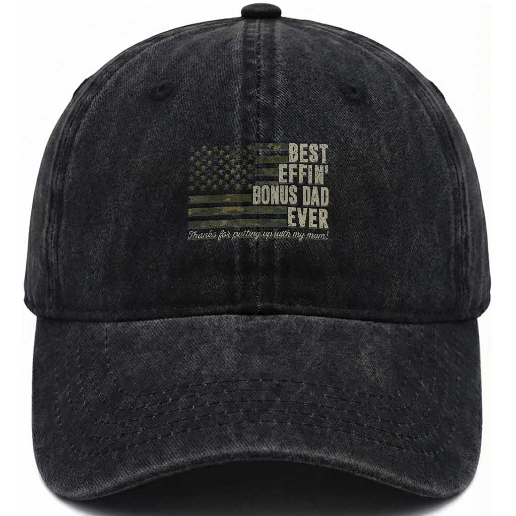 Best Effin’ Bonus Dad Ever Washed Cotton Baseball Cap Step Dad Camo American Flag Camouflage