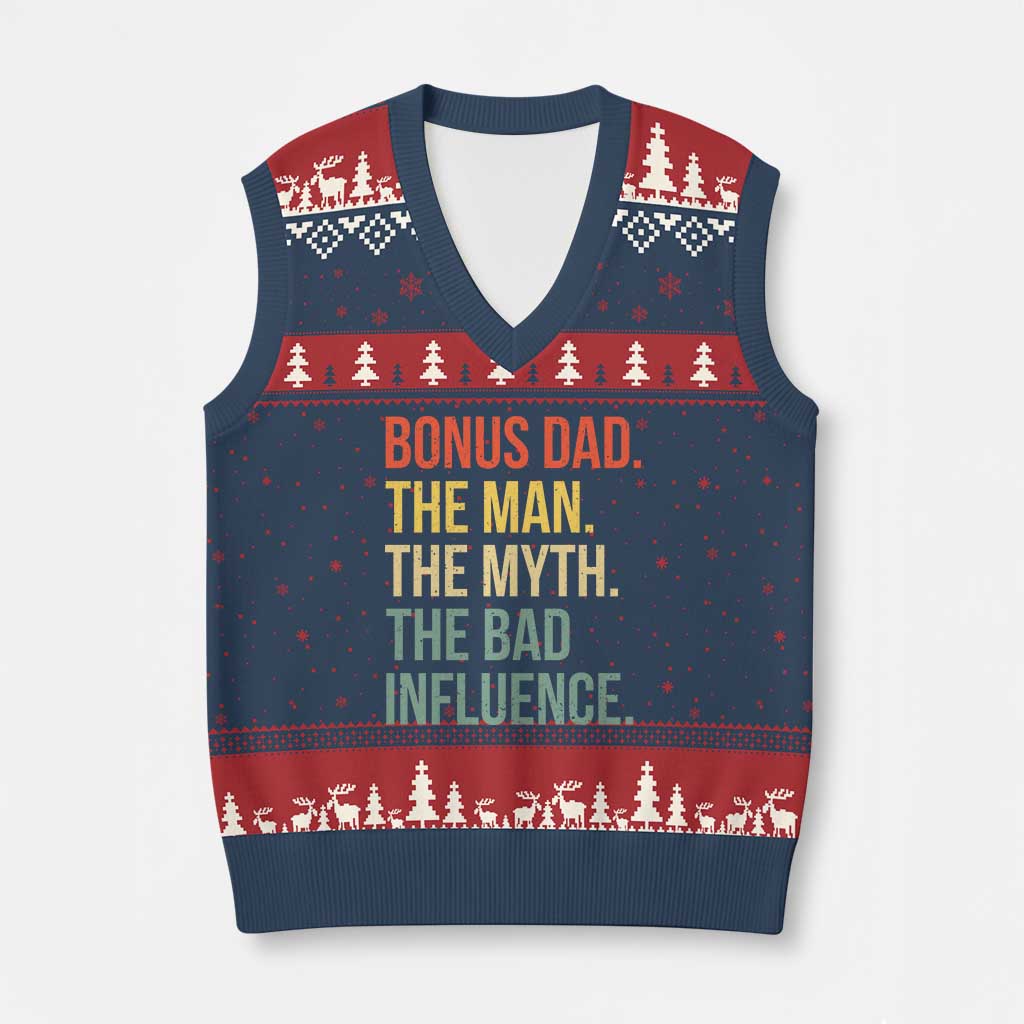 Bonus Dad V-Neck Knit Sweater Vest The Man Myth Bad Influence Funny Step Dad