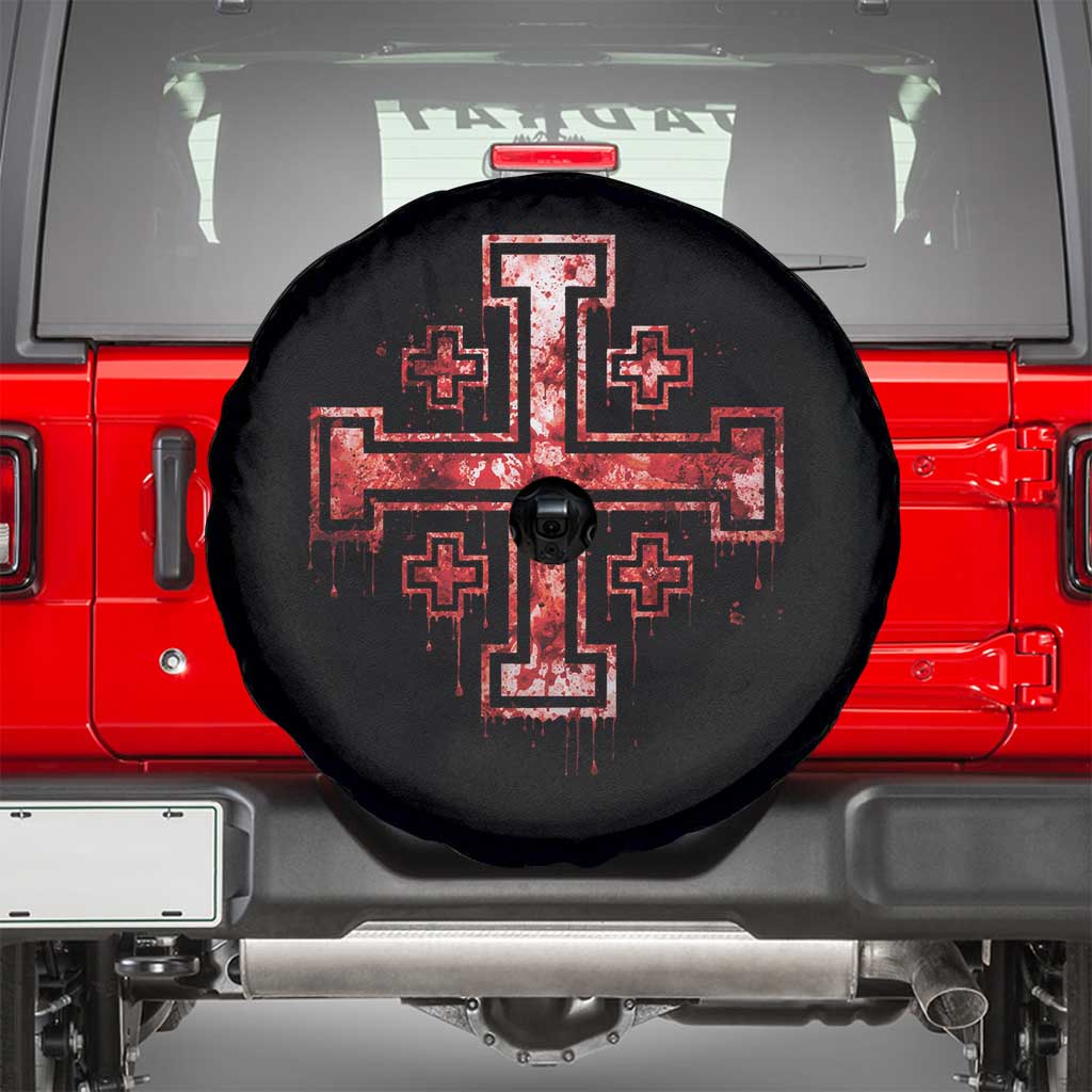 Crusader Jerusalem Cross Catholic Spare Tire Cover Gothic Christian Dark Faith Grunge Blood Splatter