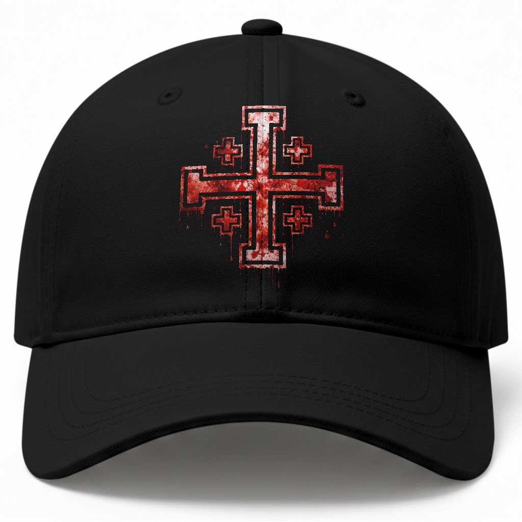 Crusader Jerusalem Cross Catholic Baseball Cap Gothic Christian Dark Faith Grunge Blood Splatter