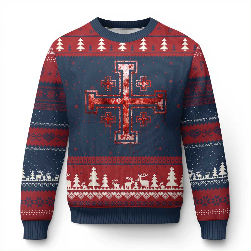 Crusader Jerusalem Cross Catholic Ugly Christmas Sweater Gothic Christian Dark Faith Grunge Blood Splatter