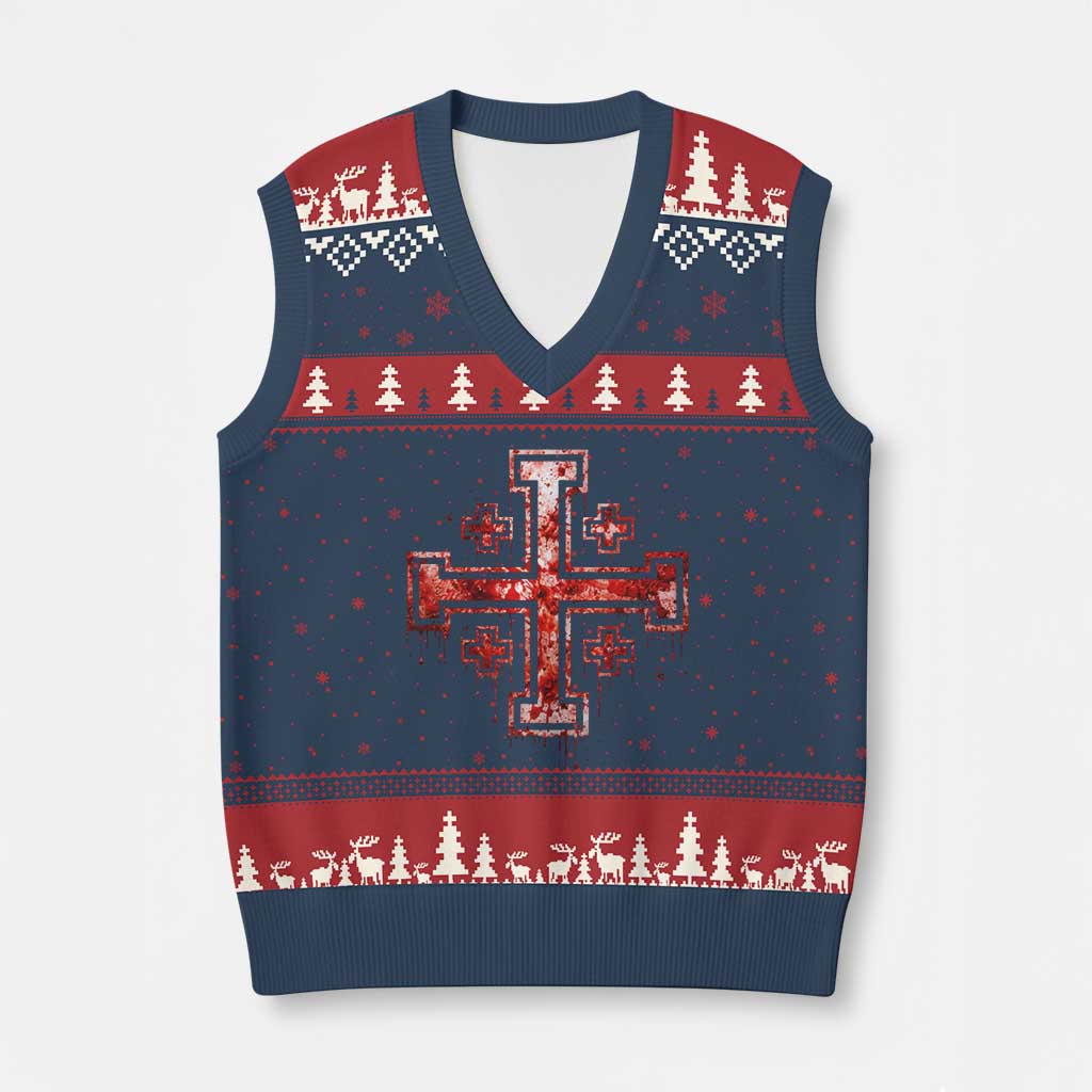 Crusader Jerusalem Cross Catholic V-Neck Knit Sweater Vest Gothic Christian Dark Faith Grunge Blood Splatter