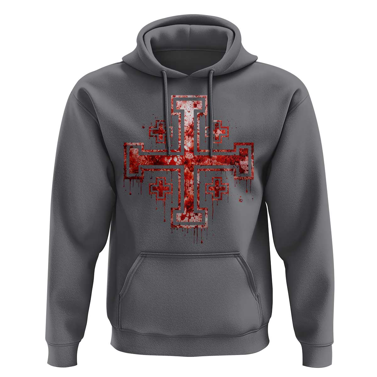 Crusader Jerusalem Cross Catholic Hoodie Gothic Christian Dark Faith Grunge Blood Splatter