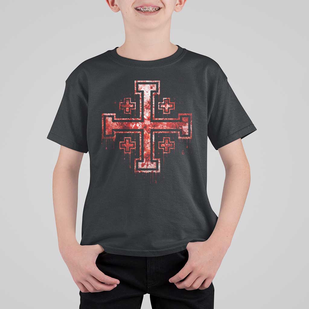 Crusader Jerusalem Cross Catholic T Shirt For Kid Gothic Christian Dark Faith Grunge Blood Splatter