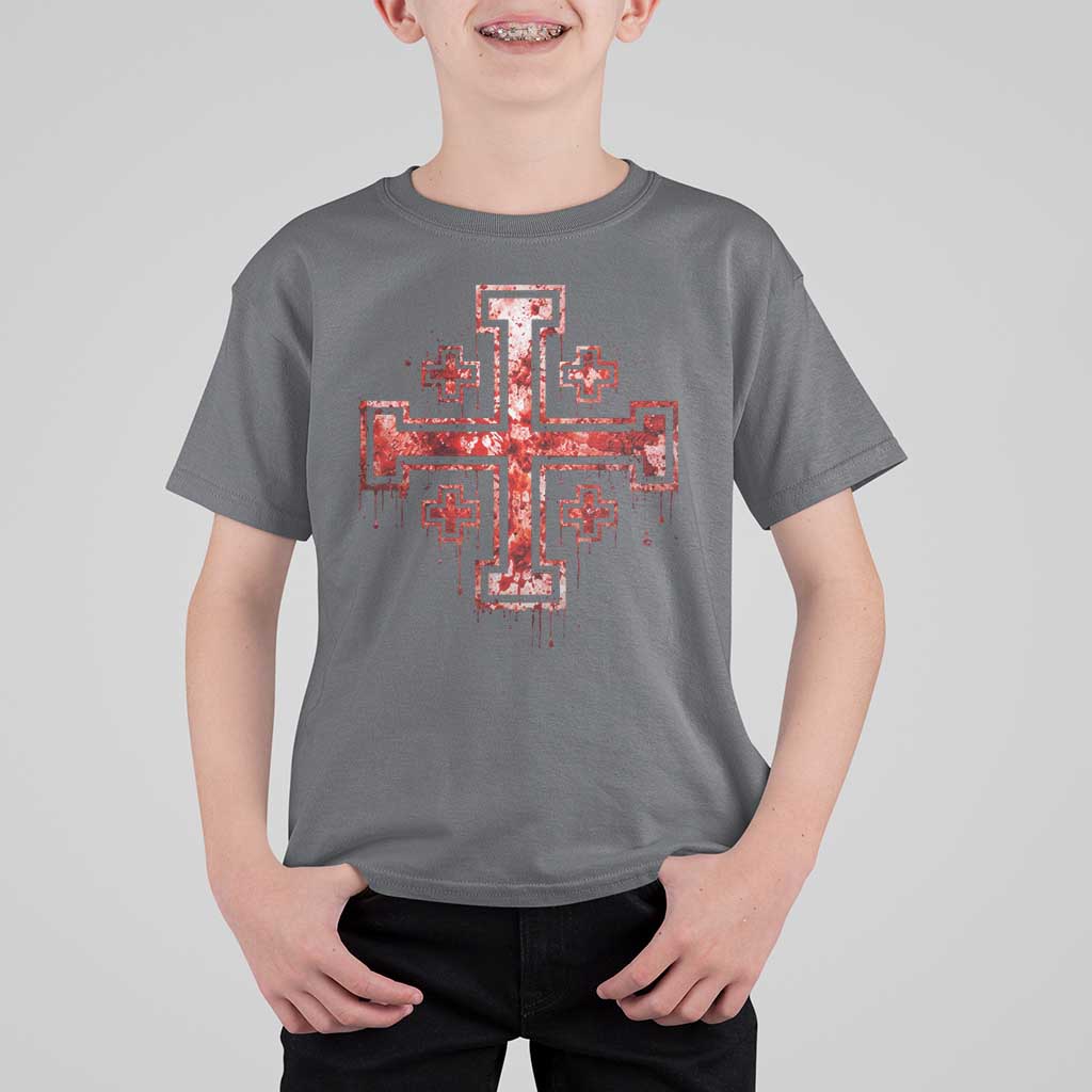 Crusader Jerusalem Cross Catholic T Shirt For Kid Gothic Christian Dark Faith Grunge Blood Splatter
