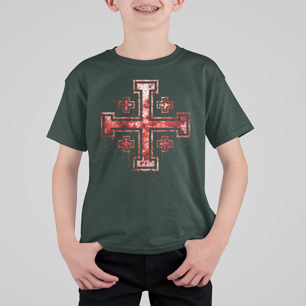 Crusader Jerusalem Cross Catholic T Shirt For Kid Gothic Christian Dark Faith Grunge Blood Splatter