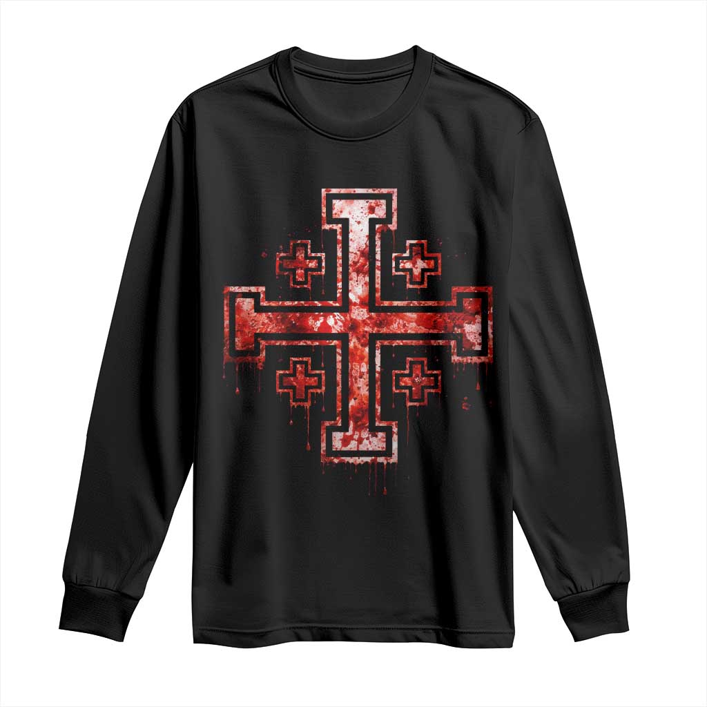 Crusader Jerusalem Cross Catholic Long Sleeve Shirt Gothic Christian Dark Faith Grunge Blood Splatter