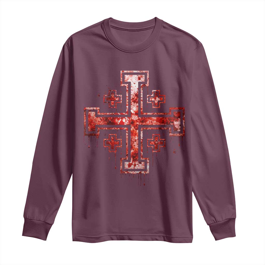 Crusader Jerusalem Cross Catholic Long Sleeve Shirt Gothic Christian Dark Faith Grunge Blood Splatter