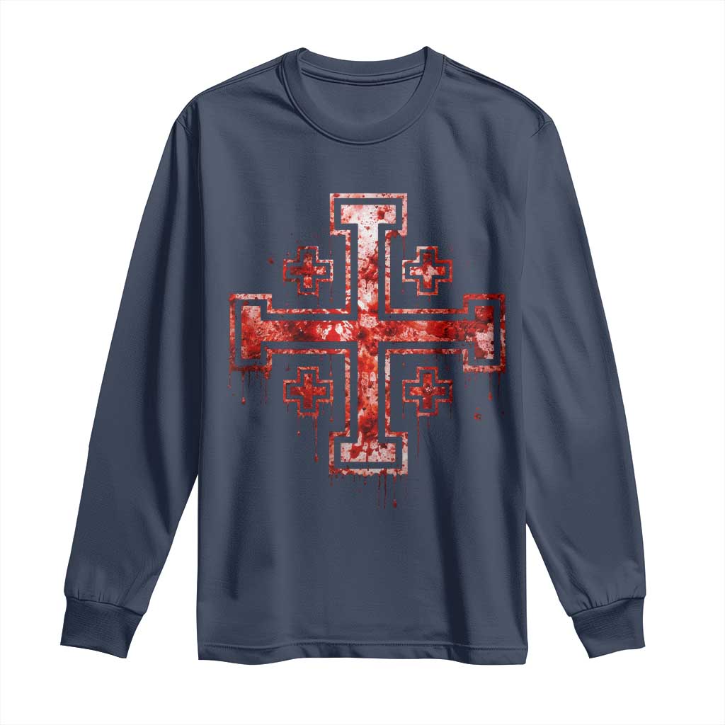 Crusader Jerusalem Cross Catholic Long Sleeve Shirt Gothic Christian Dark Faith Grunge Blood Splatter