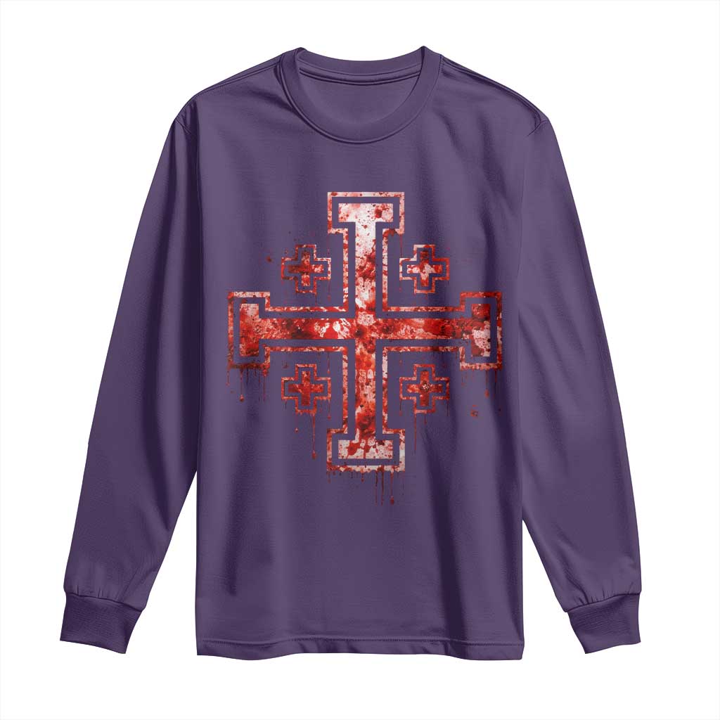 Crusader Jerusalem Cross Catholic Long Sleeve Shirt Gothic Christian Dark Faith Grunge Blood Splatter