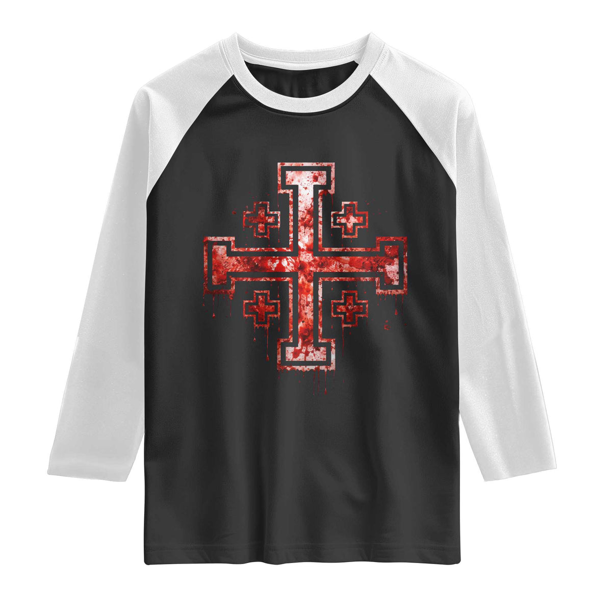 Crusader Jerusalem Cross Catholic Raglan Shirt Gothic Christian Dark Faith Grunge Blood Splatter