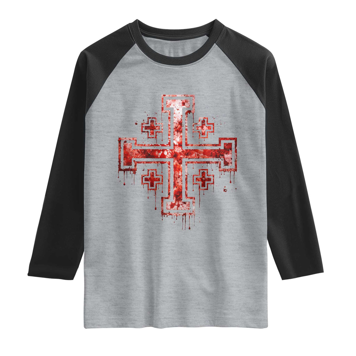 Crusader Jerusalem Cross Catholic Raglan Shirt Gothic Christian Dark Faith Grunge Blood Splatter
