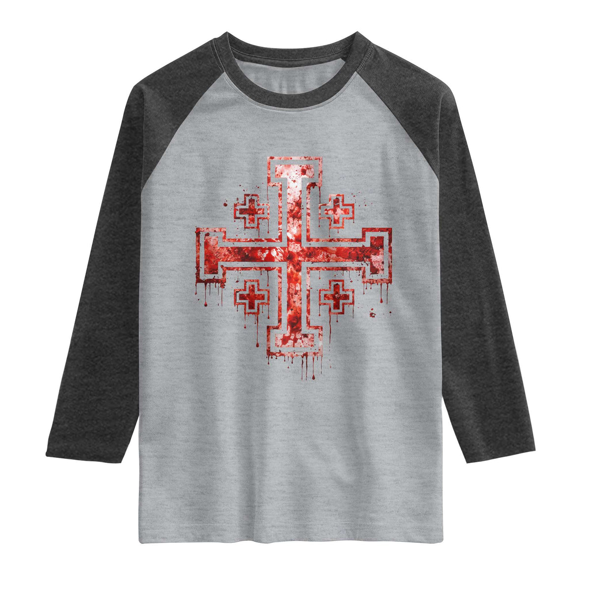 Crusader Jerusalem Cross Catholic Raglan Shirt Gothic Christian Dark Faith Grunge Blood Splatter