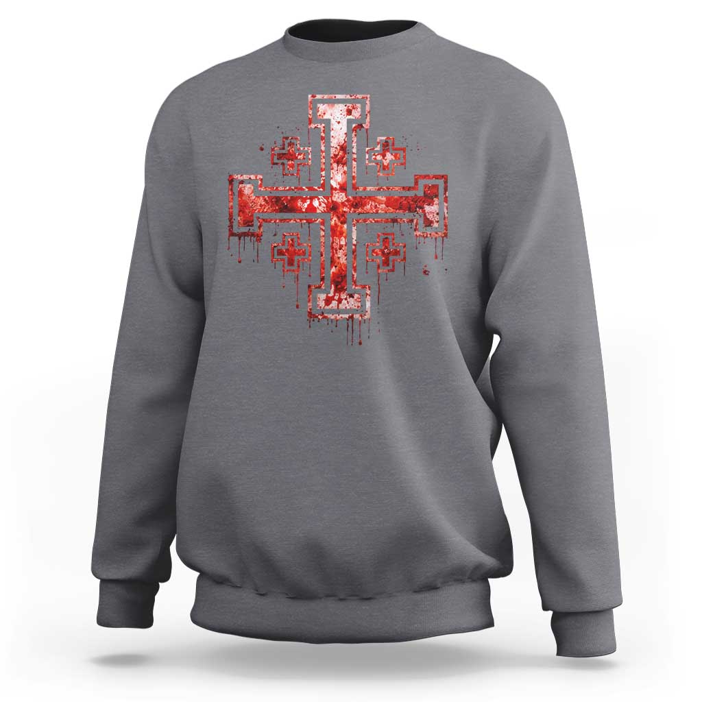 Crusader Jerusalem Cross Catholic Sweatshirt Gothic Christian Dark Faith Grunge Blood Splatter
