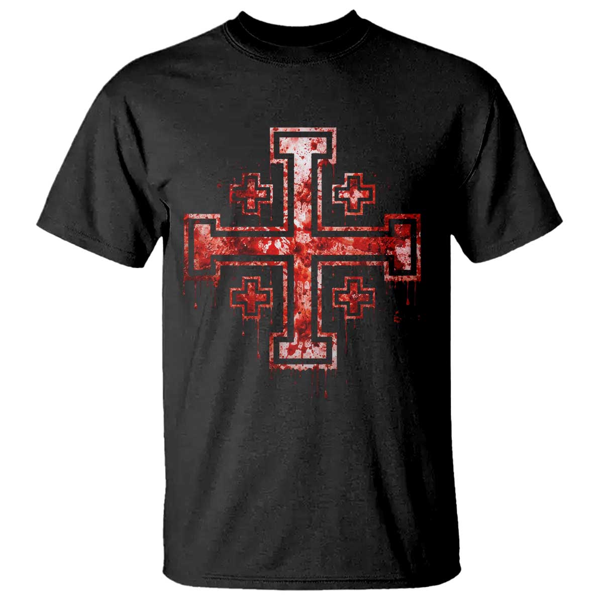 Crusader Jerusalem Cross Catholic T Shirt Gothic Christian Dark Faith Grunge Blood Splatter