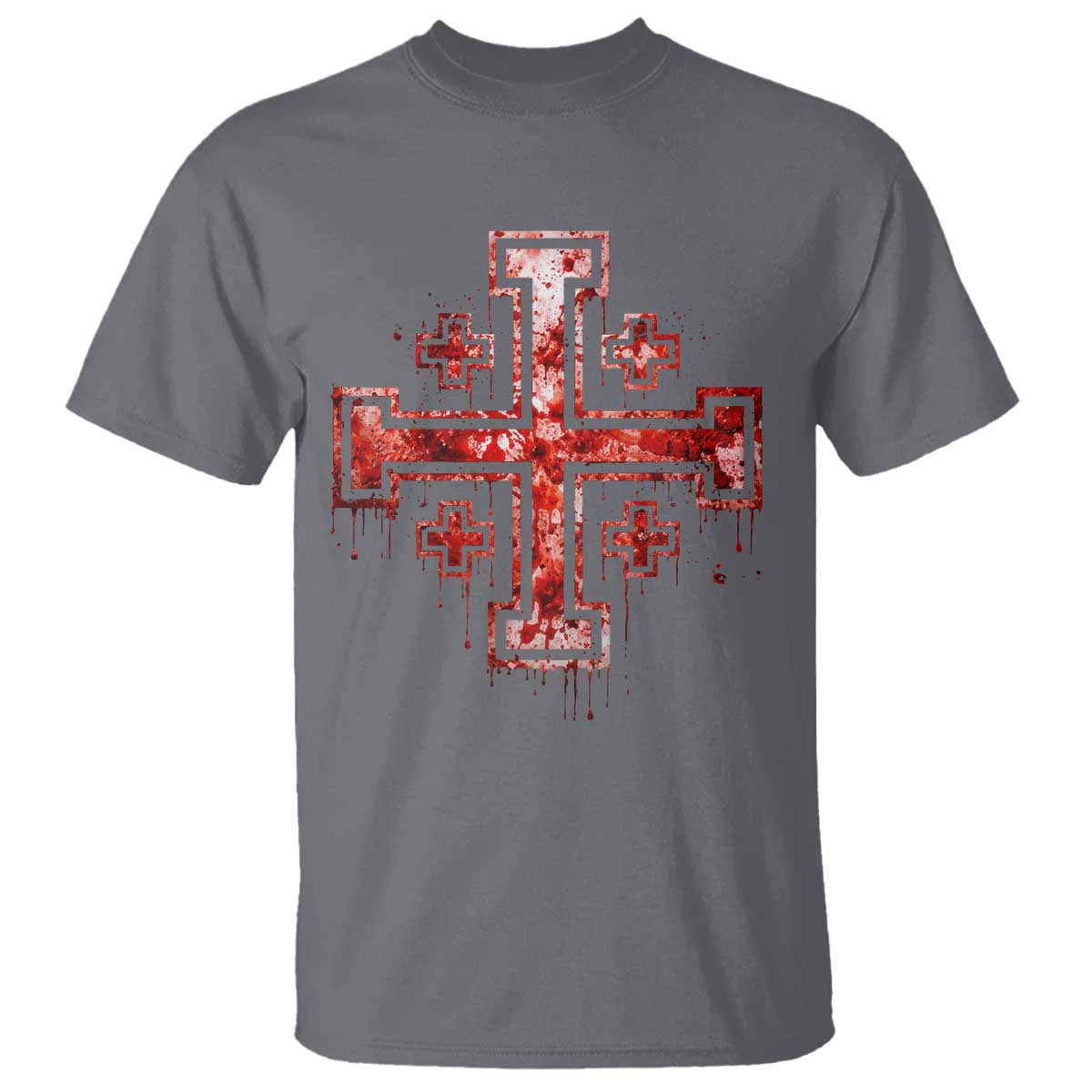 Crusader Jerusalem Cross Catholic T Shirt Gothic Christian Dark Faith Grunge Blood Splatter