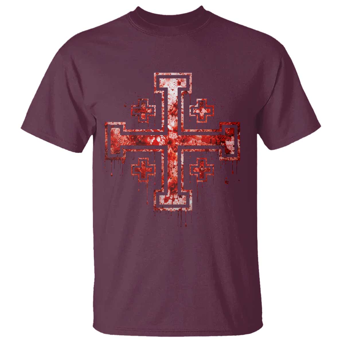 Crusader Jerusalem Cross Catholic T Shirt Gothic Christian Dark Faith Grunge Blood Splatter