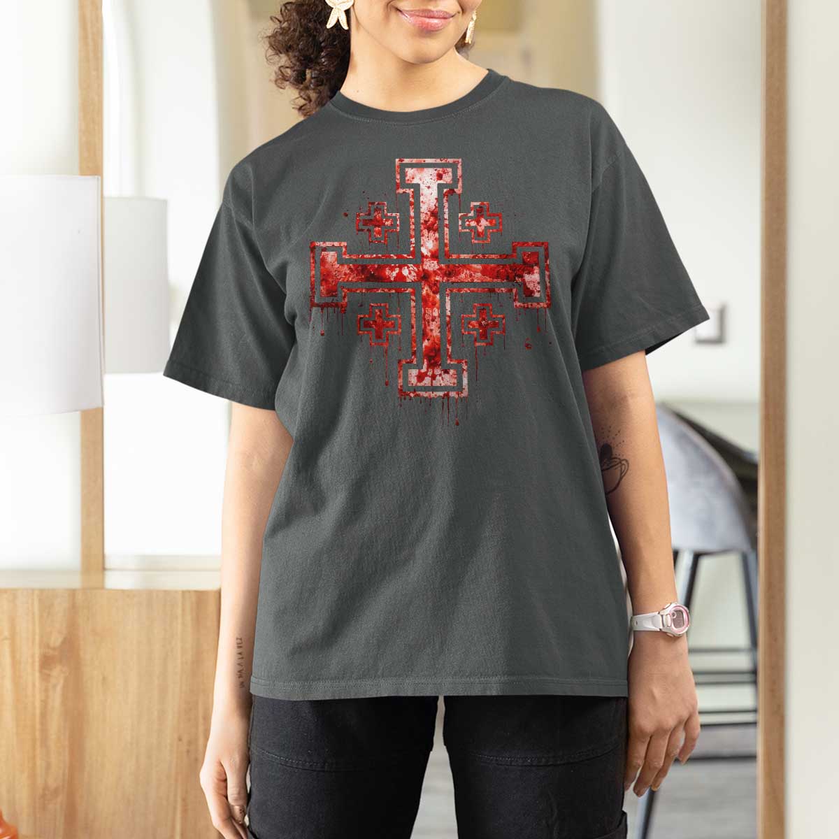 Crusader Jerusalem Cross Catholic T Shirt For Women Gothic Christian Dark Faith Grunge Blood Splatter