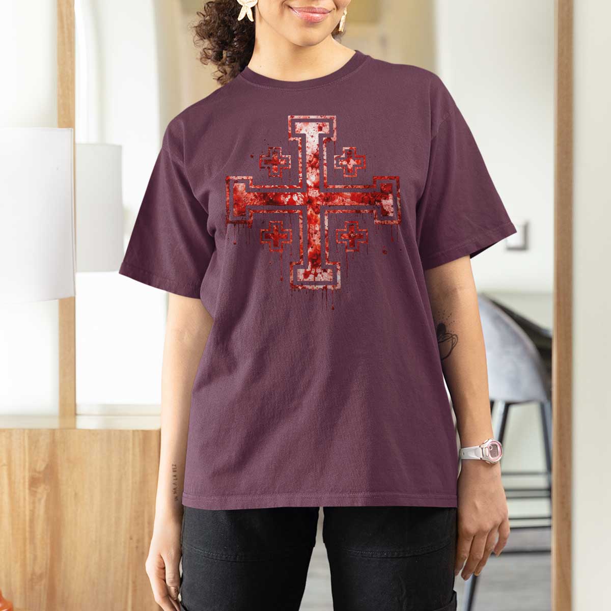 Crusader Jerusalem Cross Catholic T Shirt For Women Gothic Christian Dark Faith Grunge Blood Splatter