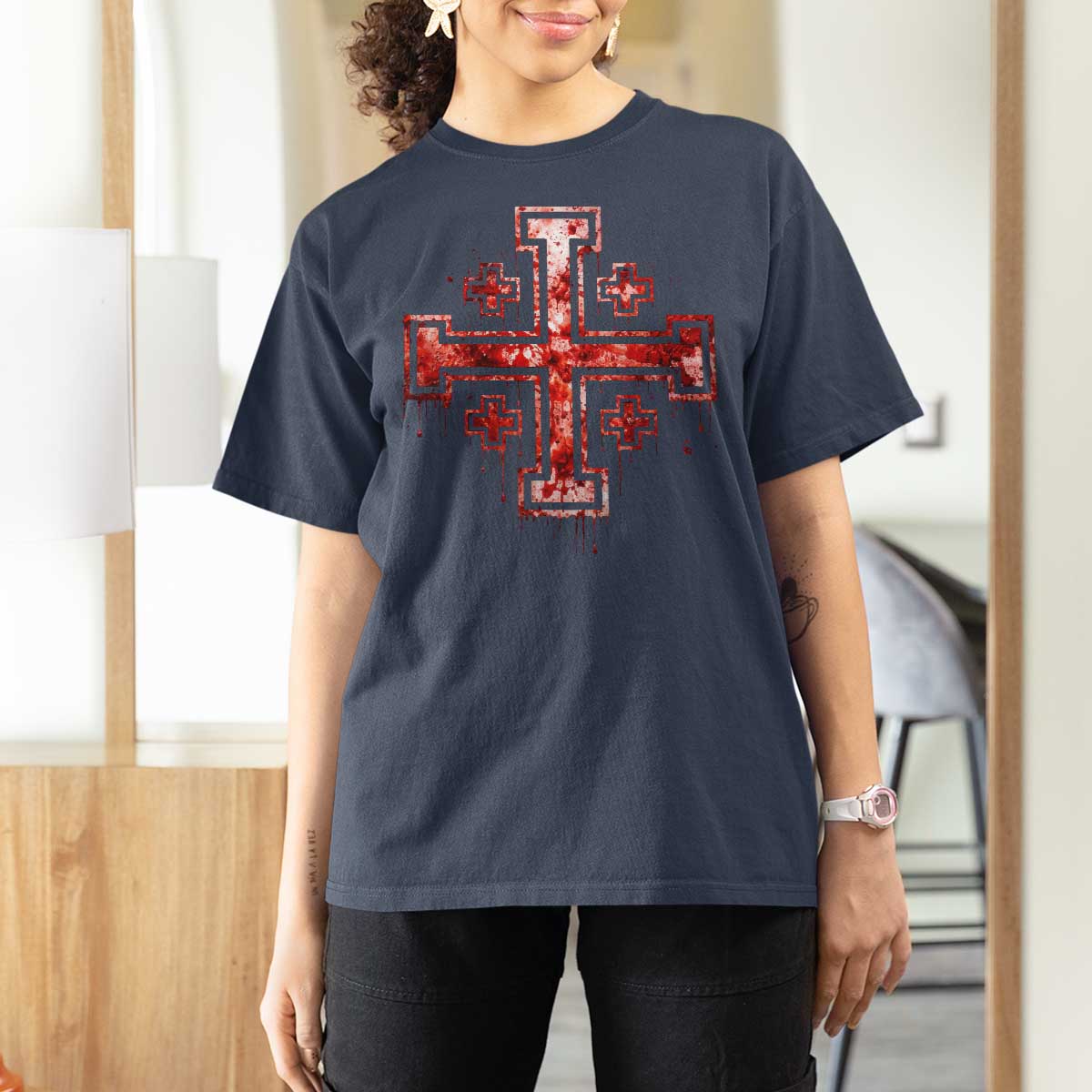Crusader Jerusalem Cross Catholic T Shirt For Women Gothic Christian Dark Faith Grunge Blood Splatter