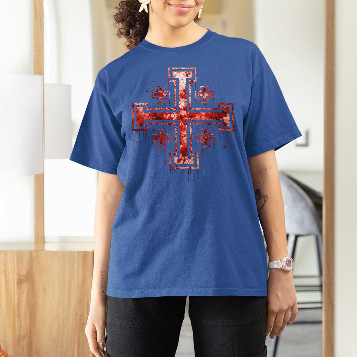 Crusader Jerusalem Cross Catholic T Shirt For Women Gothic Christian Dark Faith Grunge Blood Splatter
