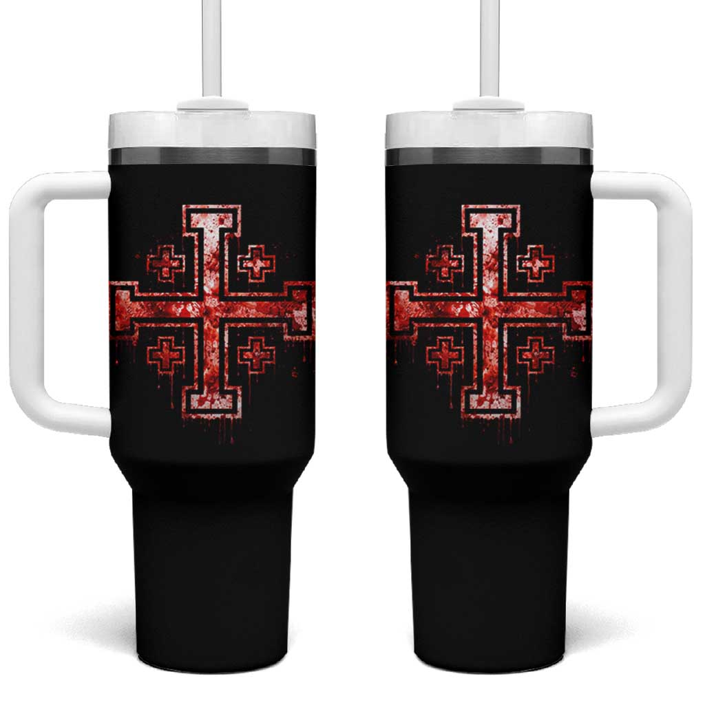 Crusader Jerusalem Cross Catholic Tumbler With Handle Gothic Christian Dark Faith Grunge Blood Splatter