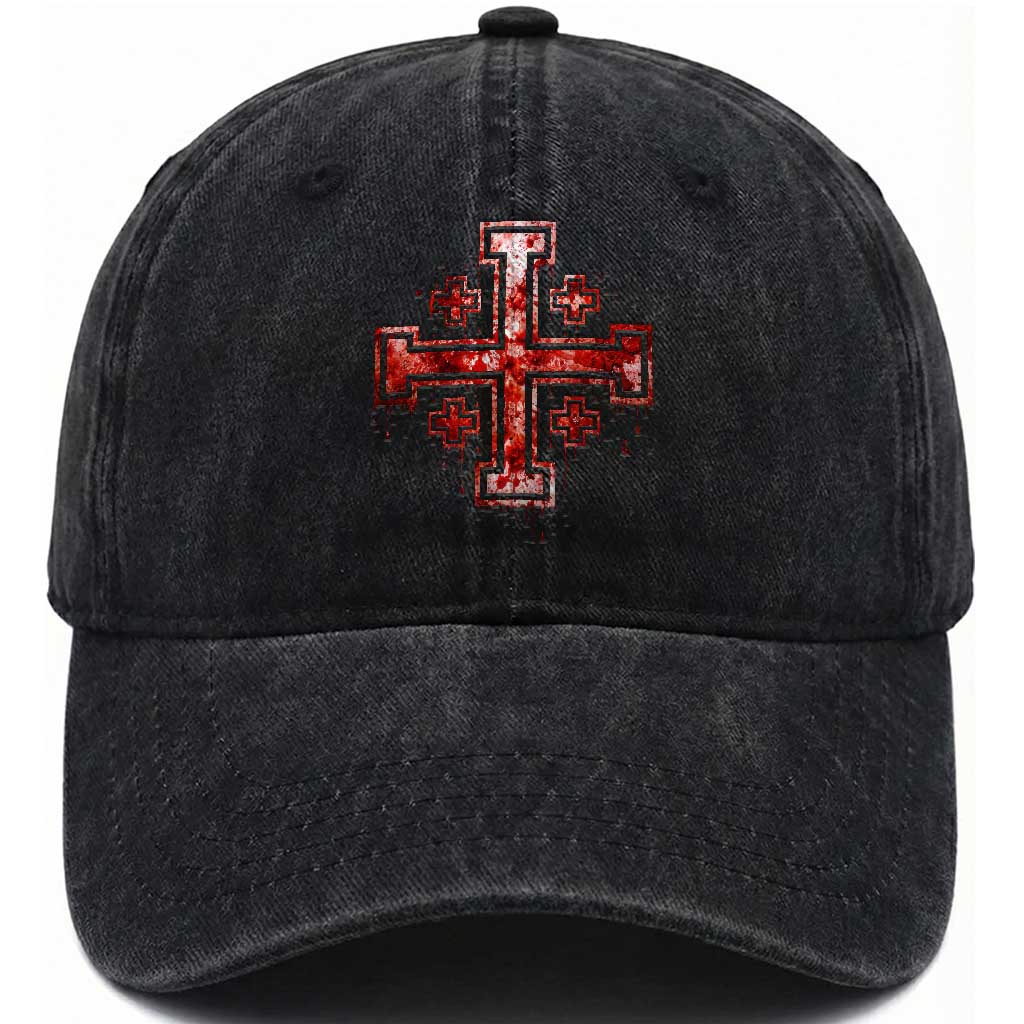 Crusader Jerusalem Cross Catholic Washed Cotton Baseball Cap Gothic Christian Dark Faith Grunge Blood Splatter