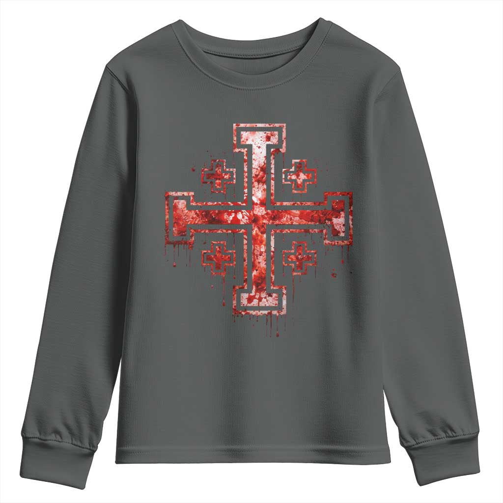 Crusader Jerusalem Cross Catholic Youth Sweatshirt Gothic Christian Dark Faith Grunge Blood Splatter