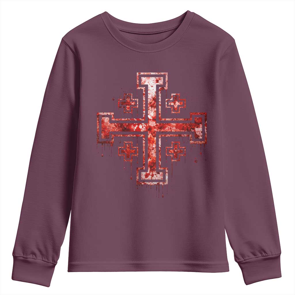 Crusader Jerusalem Cross Catholic Youth Sweatshirt Gothic Christian Dark Faith Grunge Blood Splatter